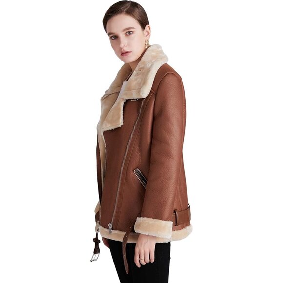 Women Brown Faux Shearling Moto Jacket Thick Lined Winter Leather Coat - Picture 6 of 6